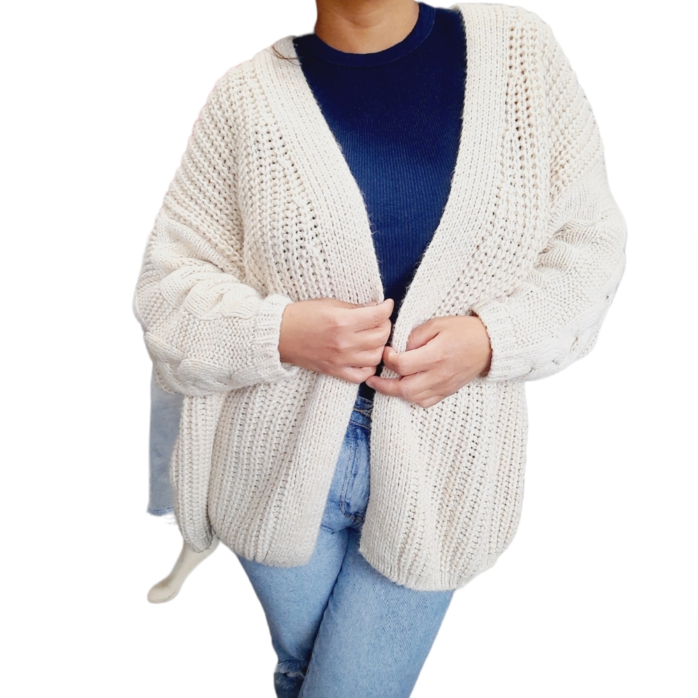Chunky Oversized Solid Color Open Front Cream Knit Cardigan Sweater